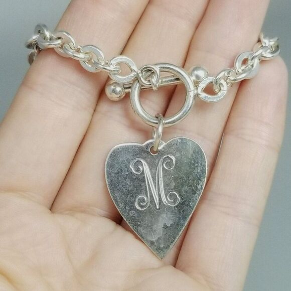 Vintage Basch Sterling Silver M Monogram Heart Charm Bracelet, Initial Letter - Picture 8 of 9